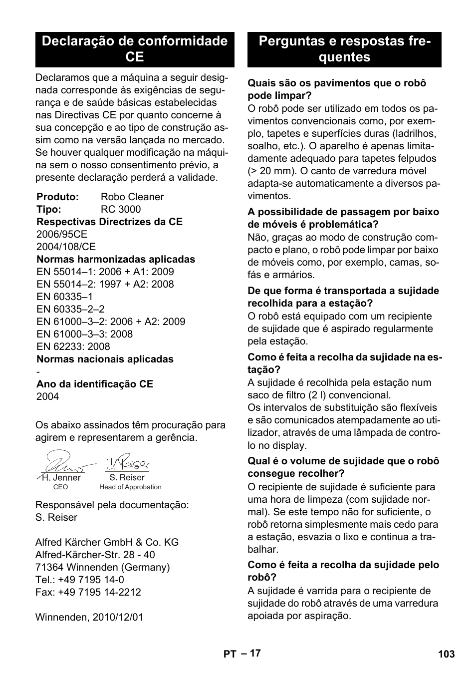 Declaração de conformidade ce, Perguntas e respostas fre- quentes | Karcher Robot RC 3000 User Manual | Page 103 / 400