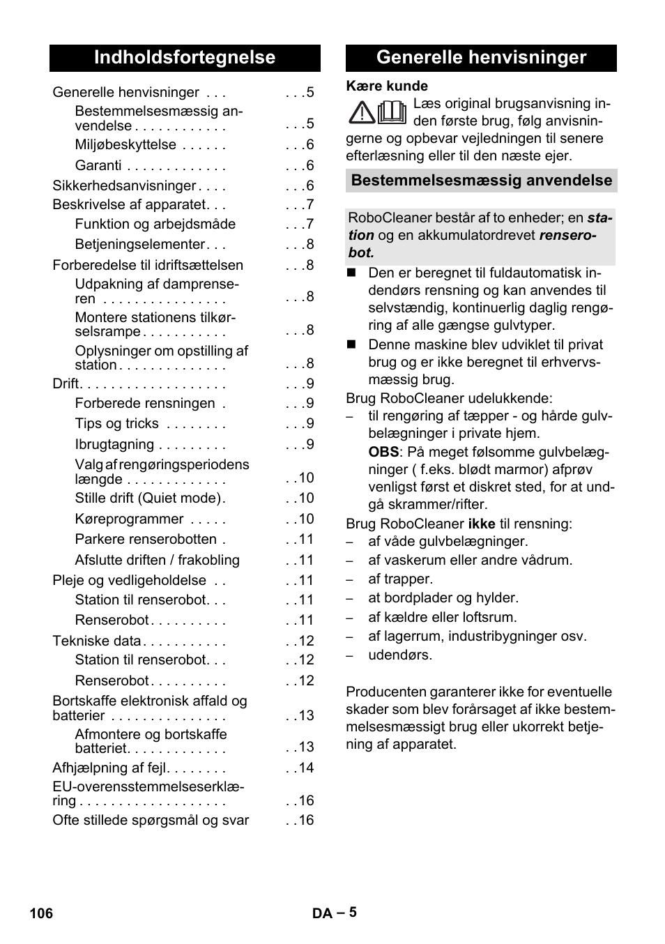 Dansk, Indholdsfortegnelse, Generelle henvisninger | Karcher Robot RC 3000 User Manual | Page 106 / 400