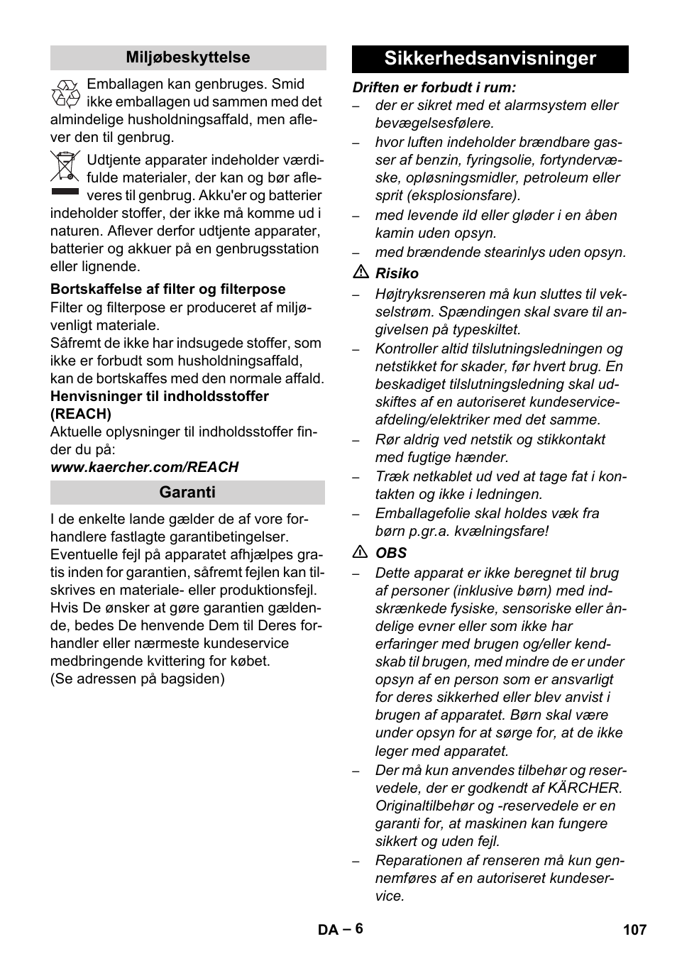 Sikkerhedsanvisninger | Karcher Robot RC 3000 User Manual | Page 107 / 400