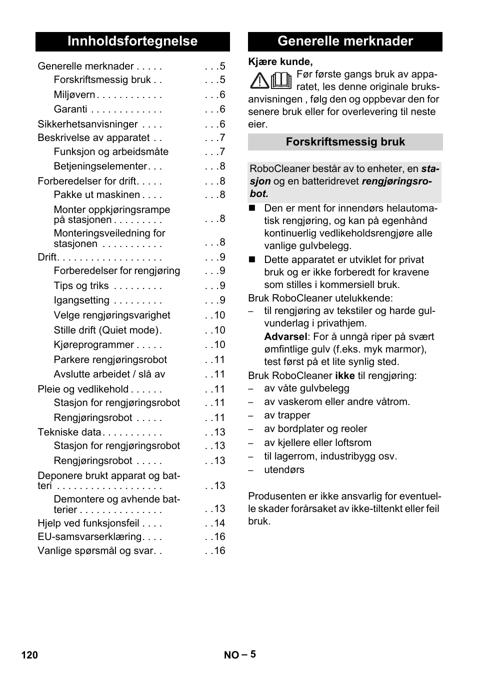 Norsk, Innholdsfortegnelse, Generelle merknader | Karcher Robot RC 3000 User Manual | Page 120 / 400