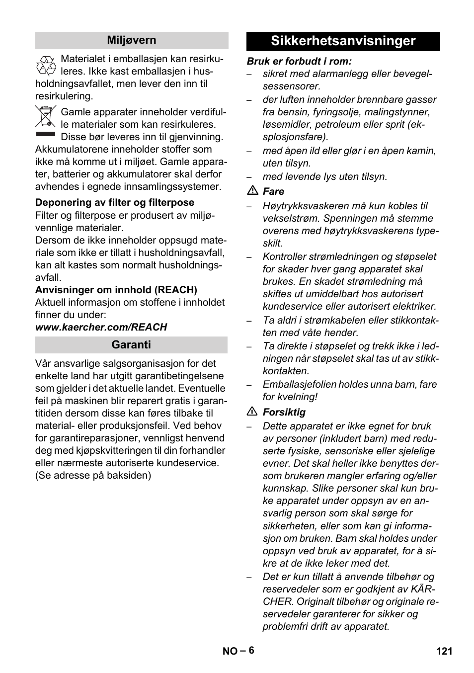 Sikkerhetsanvisninger | Karcher Robot RC 3000 User Manual | Page 121 / 400