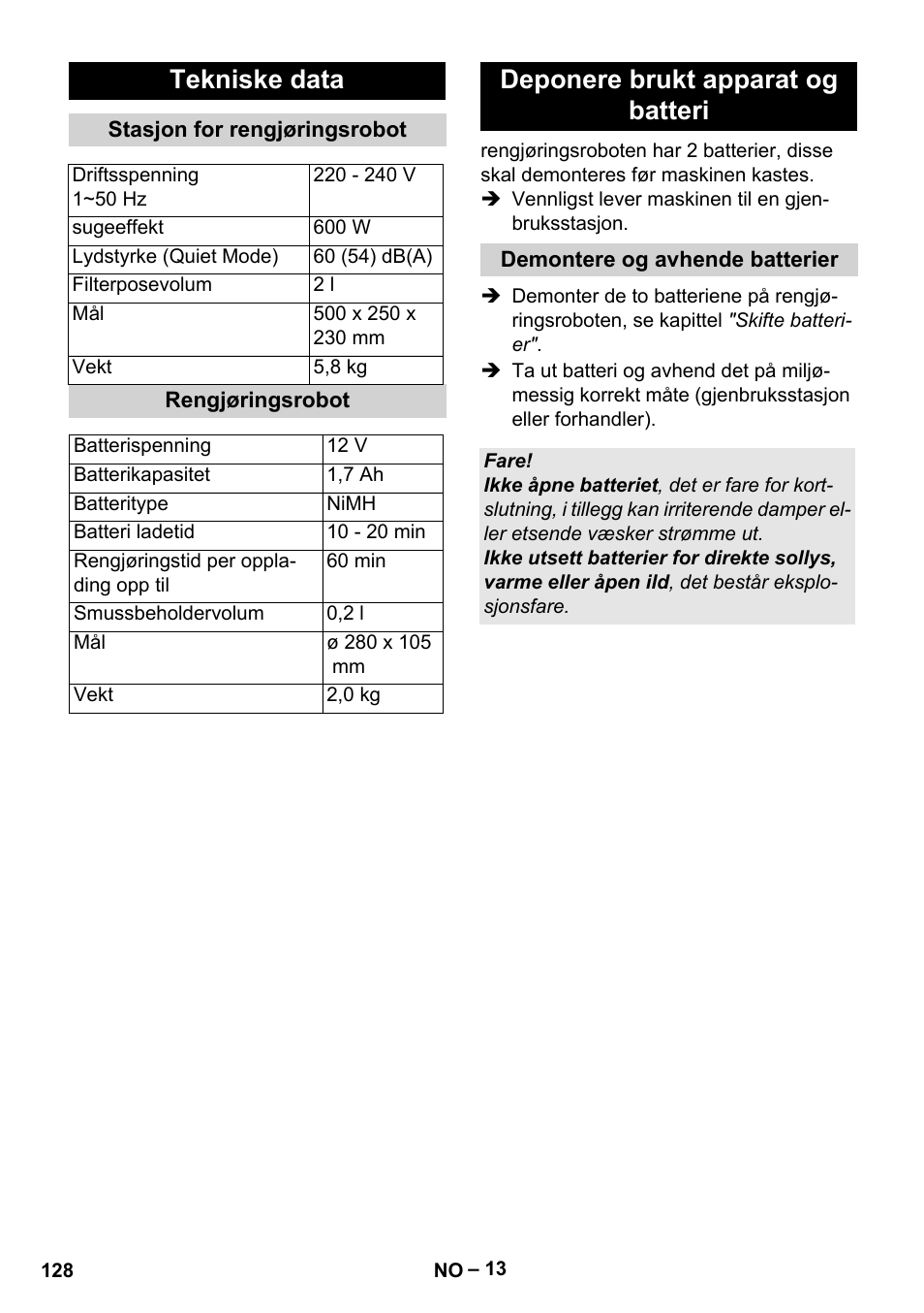 Tekniske data, Deponere brukt apparat og batteri | Karcher Robot RC 3000 User Manual | Page 128 / 400