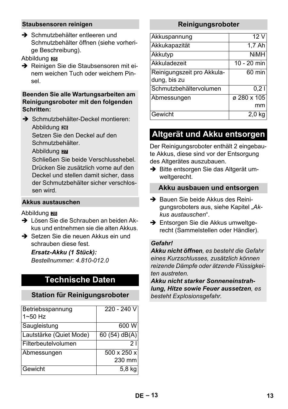 Technische daten, Altgerät und akku entsorgen | Karcher Robot RC 3000 User Manual | Page 13 / 400