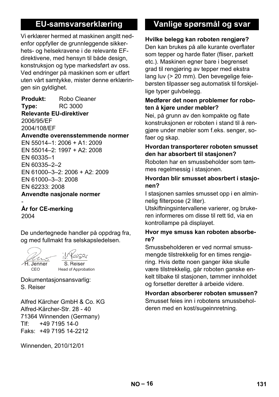 Eu-samsvarserklæring, Vanlige spørsmål og svar | Karcher Robot RC 3000 User Manual | Page 131 / 400