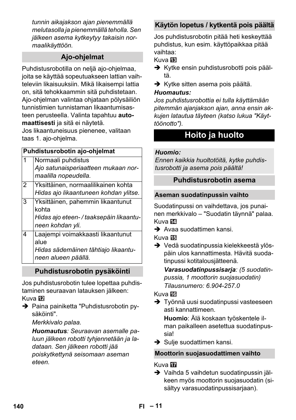 Hoito ja huolto | Karcher Robot RC 3000 User Manual | Page 140 / 400