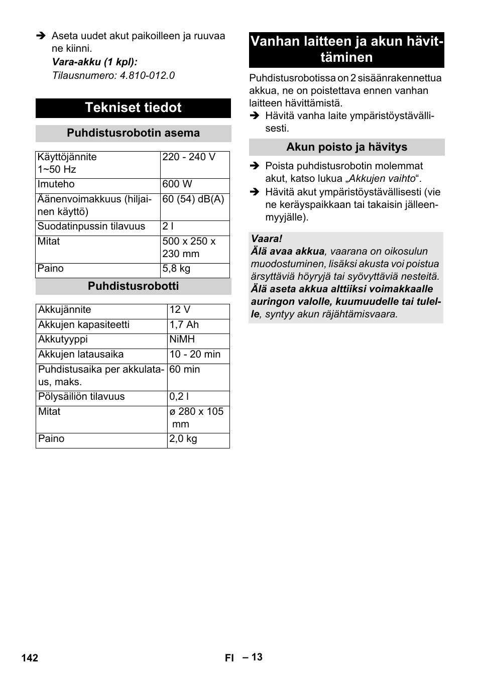 Tekniset tiedot, Vanhan laitteen ja akun hävit- täminen | Karcher Robot RC 3000 User Manual | Page 142 / 400