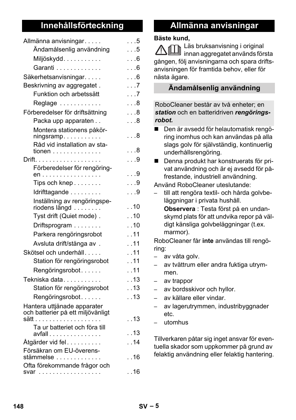 Svenska, Innehållsförteckning, Allmänna anvisningar | Karcher Robot RC 3000 User Manual | Page 148 / 400