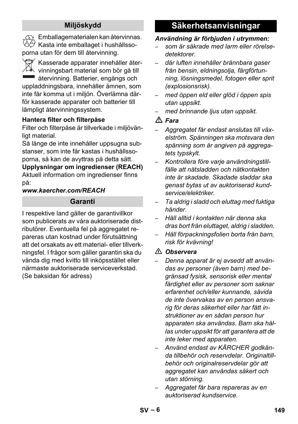 Säkerhetsanvisningar | Karcher Robot RC 3000 User Manual | Page 149 / 400