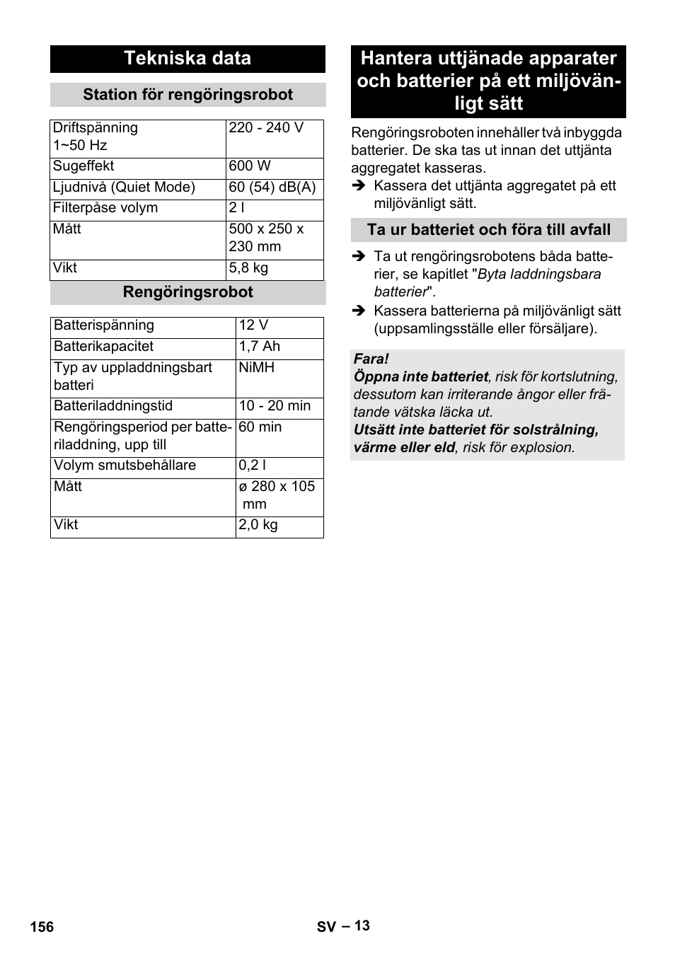 Tekniska data | Karcher Robot RC 3000 User Manual | Page 156 / 400