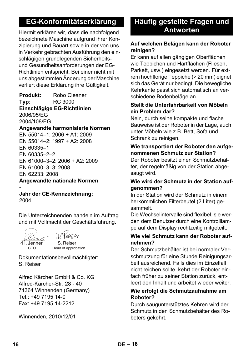 Eg-konformitätserklärung, Häufig gestellte fragen und antworten | Karcher Robot RC 3000 User Manual | Page 16 / 400