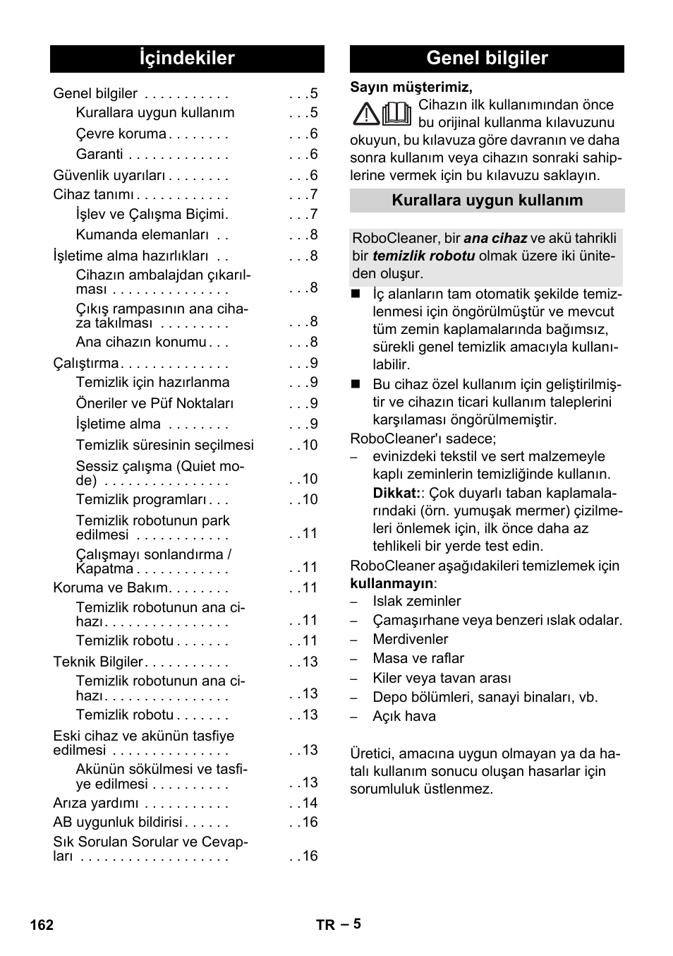 Türkçe, Içindekiler, Genel bilgiler | Karcher Robot RC 3000 User Manual | Page 162 / 400