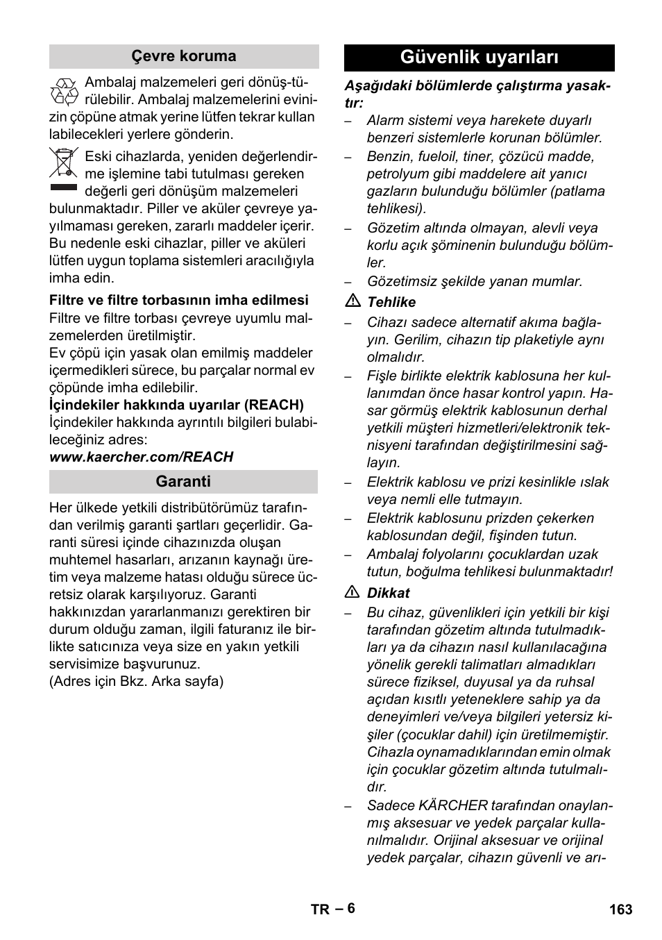 Güvenlik uyarıları | Karcher Robot RC 3000 User Manual | Page 163 / 400