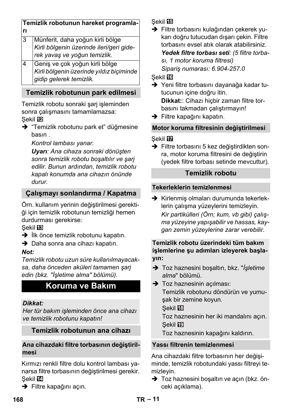 Koruma ve bakım | Karcher Robot RC 3000 User Manual | Page 168 / 400