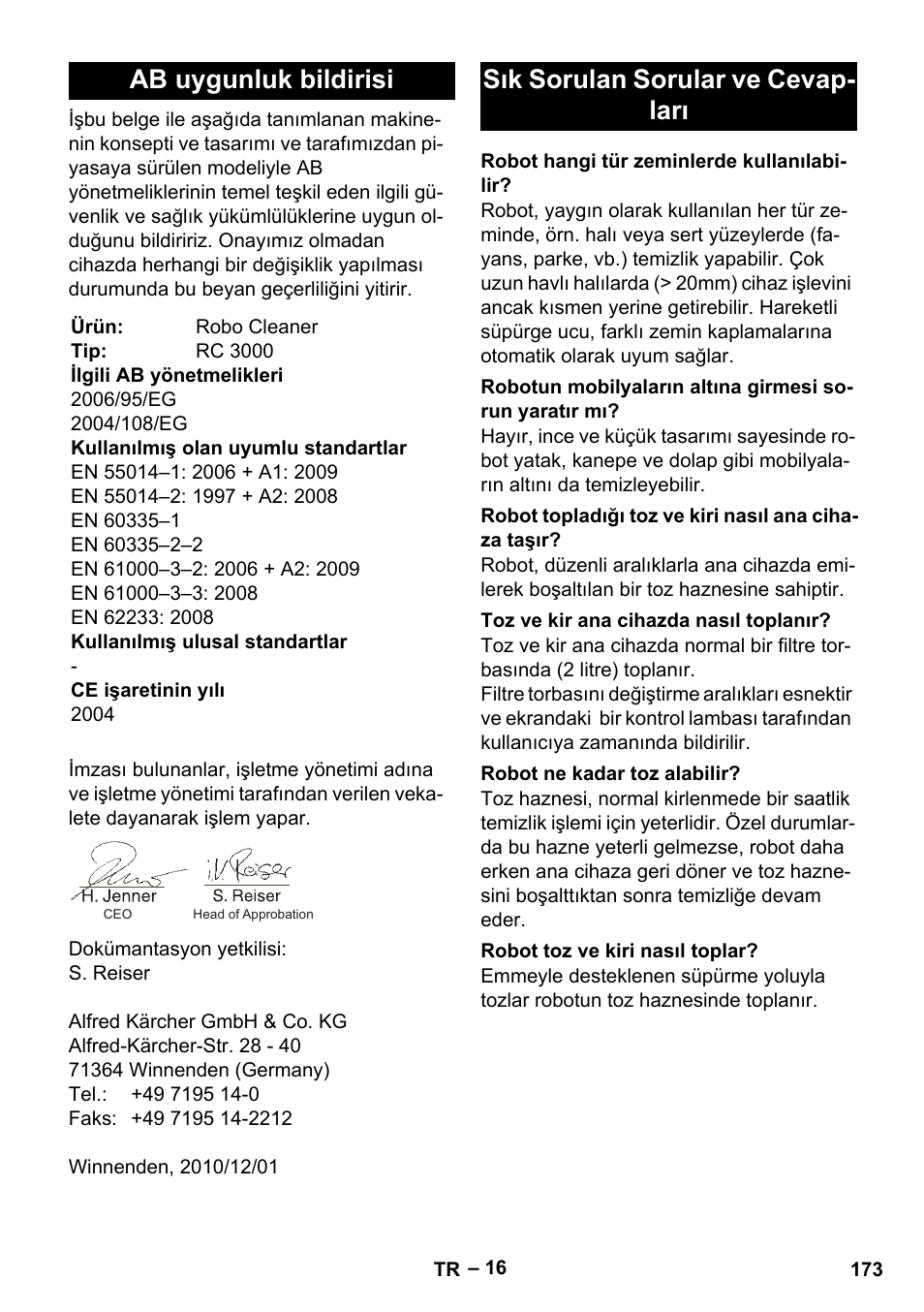 Ab uygunluk bildirisi, Sık sorulan sorular ve cevap- ları | Karcher Robot RC 3000 User Manual | Page 173 / 400