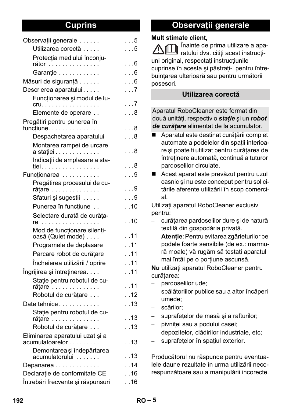 Româneşte, Românete, Cuprins | Observaţii generale | Karcher Robot RC 3000 User Manual | Page 192 / 400