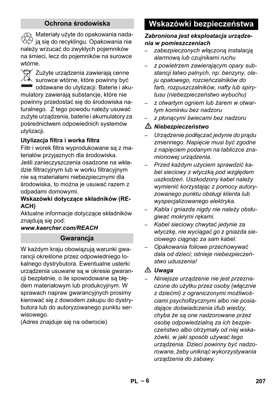 Wskazówki bezpieczeństwa | Karcher Robot RC 3000 User Manual | Page 207 / 400