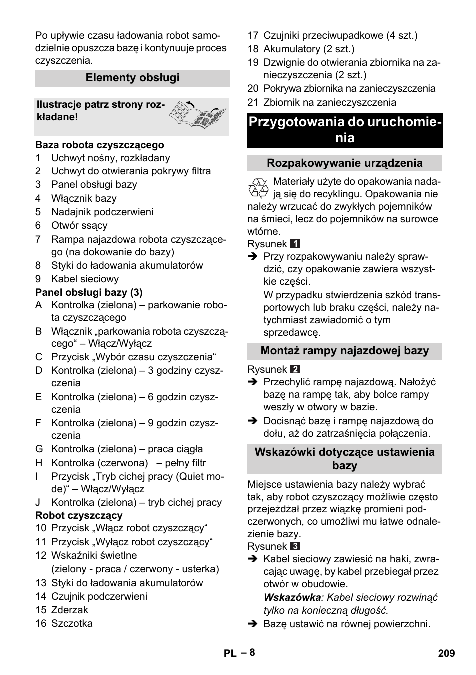 Przygotowania do uruchomie- nia | Karcher Robot RC 3000 User Manual | Page 209 / 400