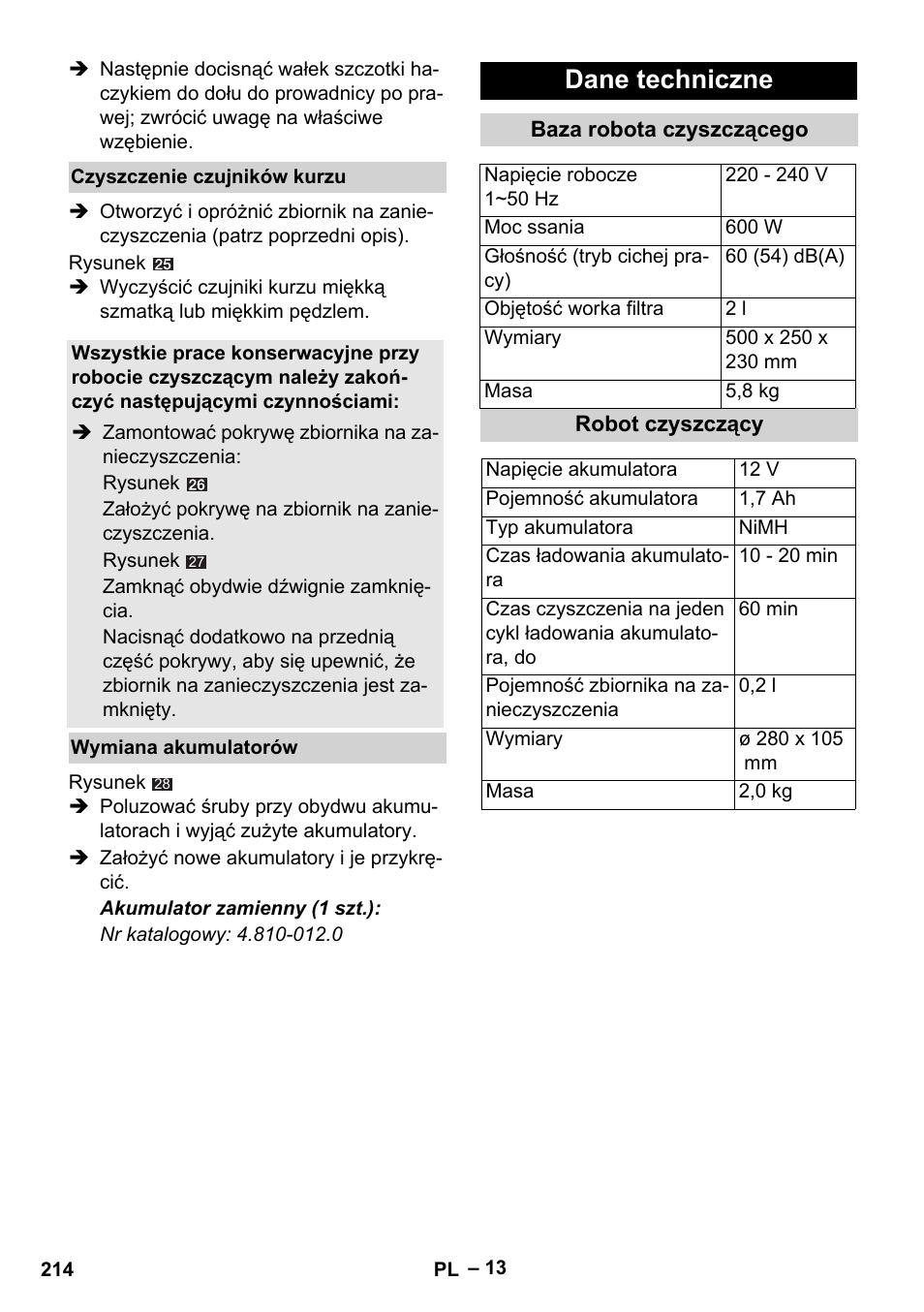 Dane techniczne | Karcher Robot RC 3000 User Manual | Page 214 / 400