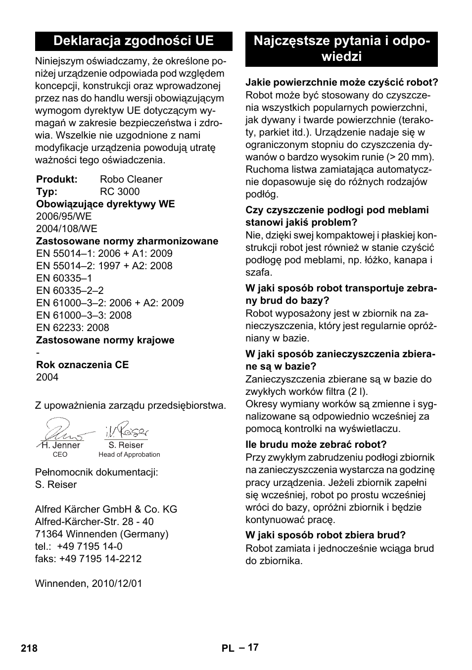 Deklaracja zgodności ue, Najczęstsze pytania i odpo- wiedzi | Karcher Robot RC 3000 User Manual | Page 218 / 400