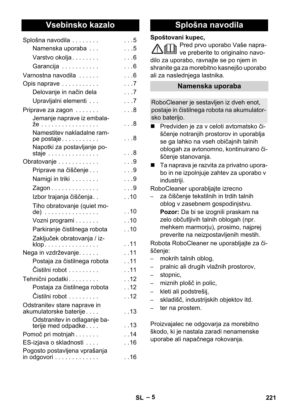 Slovenščina, Slovenšina, Vsebinsko kazalo | Splošna navodila | Karcher Robot RC 3000 User Manual | Page 221 / 400