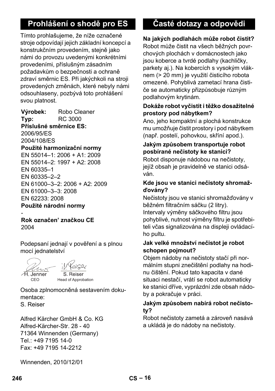 Prohlášení o shodě pro es, Časté dotazy a odpovědi | Karcher Robot RC 3000 User Manual | Page 246 / 400