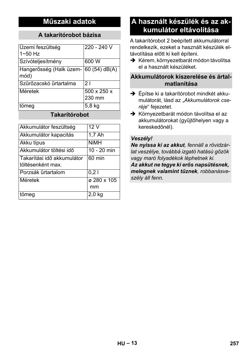 Műszaki adatok | Karcher Robot RC 3000 User Manual | Page 257 / 400