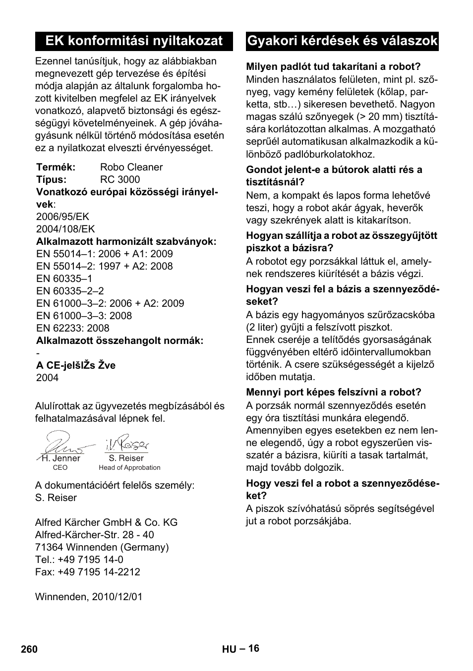 Ek konformitási nyiltakozat, Gyakori kérdések és válaszok | Karcher Robot RC 3000 User Manual | Page 260 / 400