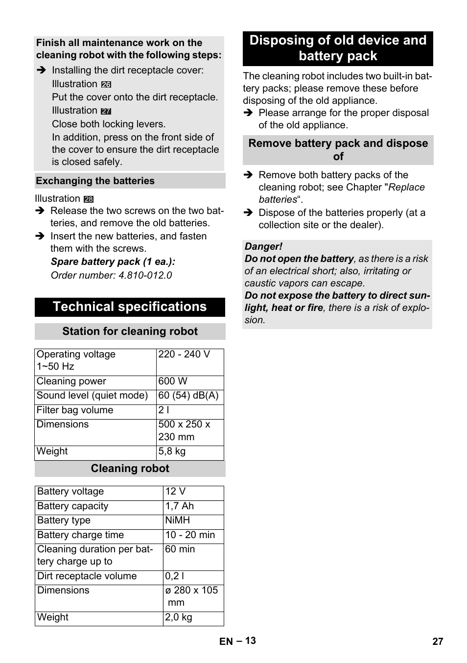 Technical specifications, Disposing of old device and battery pack | Karcher Robot RC 3000 User Manual | Page 27 / 400