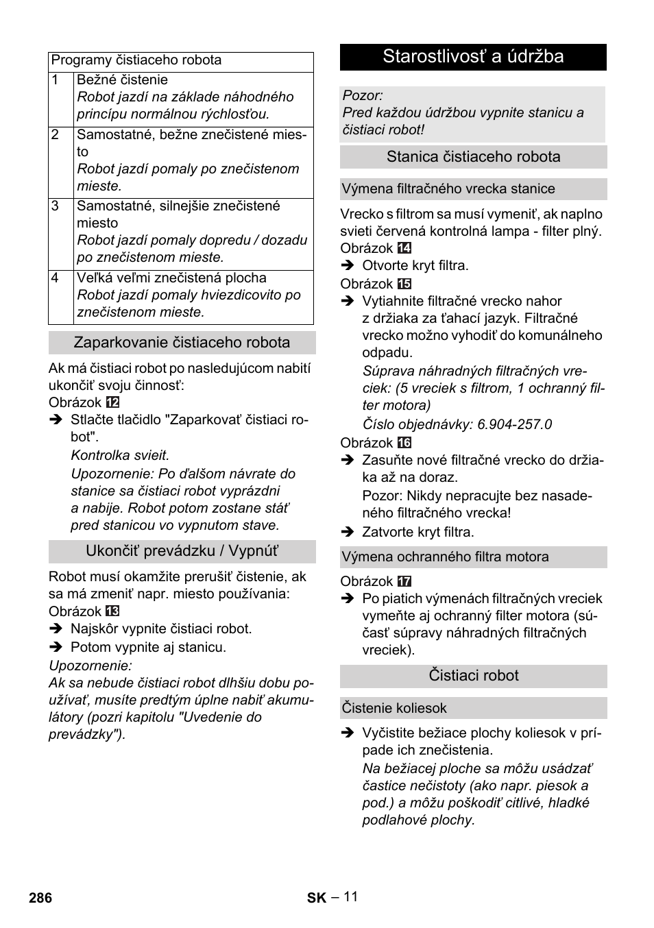 Starostlivosť a údržba | Karcher Robot RC 3000 User Manual | Page 286 / 400