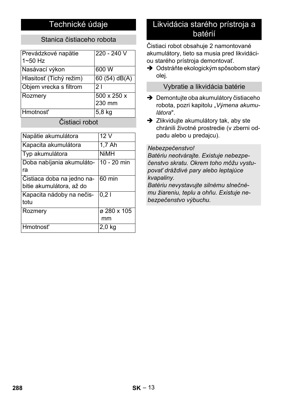 Technické údaje, Likvidácia starého prístroja a batérií | Karcher Robot RC 3000 User Manual | Page 288 / 400