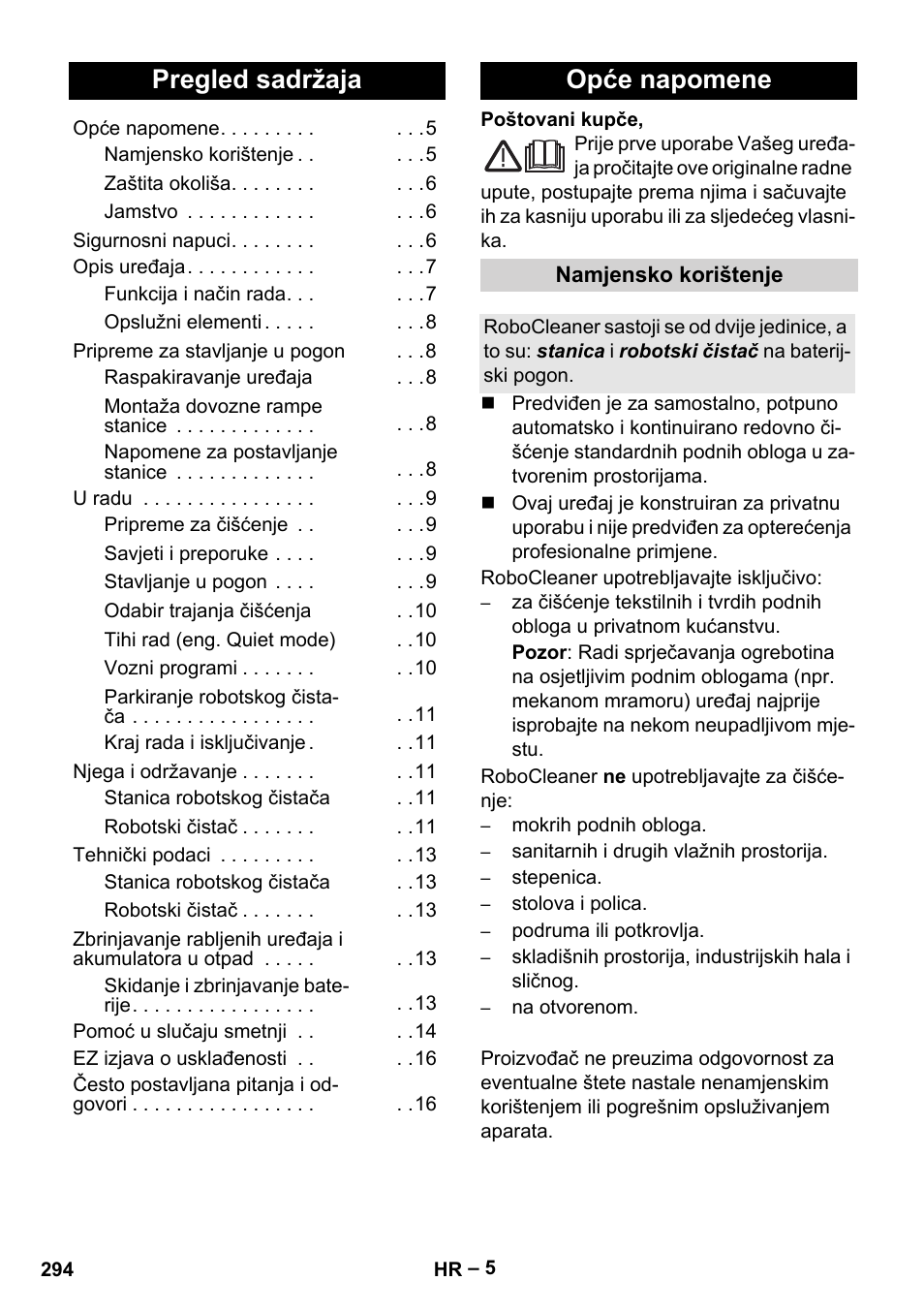 Hrvatski, Pregled sadržaja, Opće napomene | Karcher Robot RC 3000 User Manual | Page 294 / 400