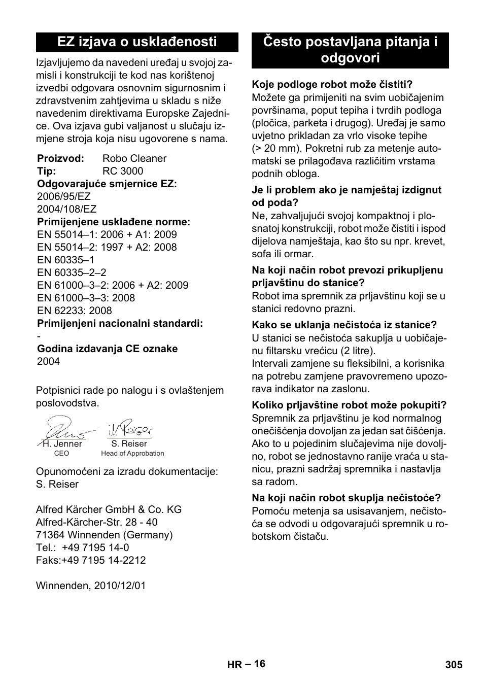 Ez izjava o usklađenosti, Često postavljana pitanja i odgovori | Karcher Robot RC 3000 User Manual | Page 305 / 400