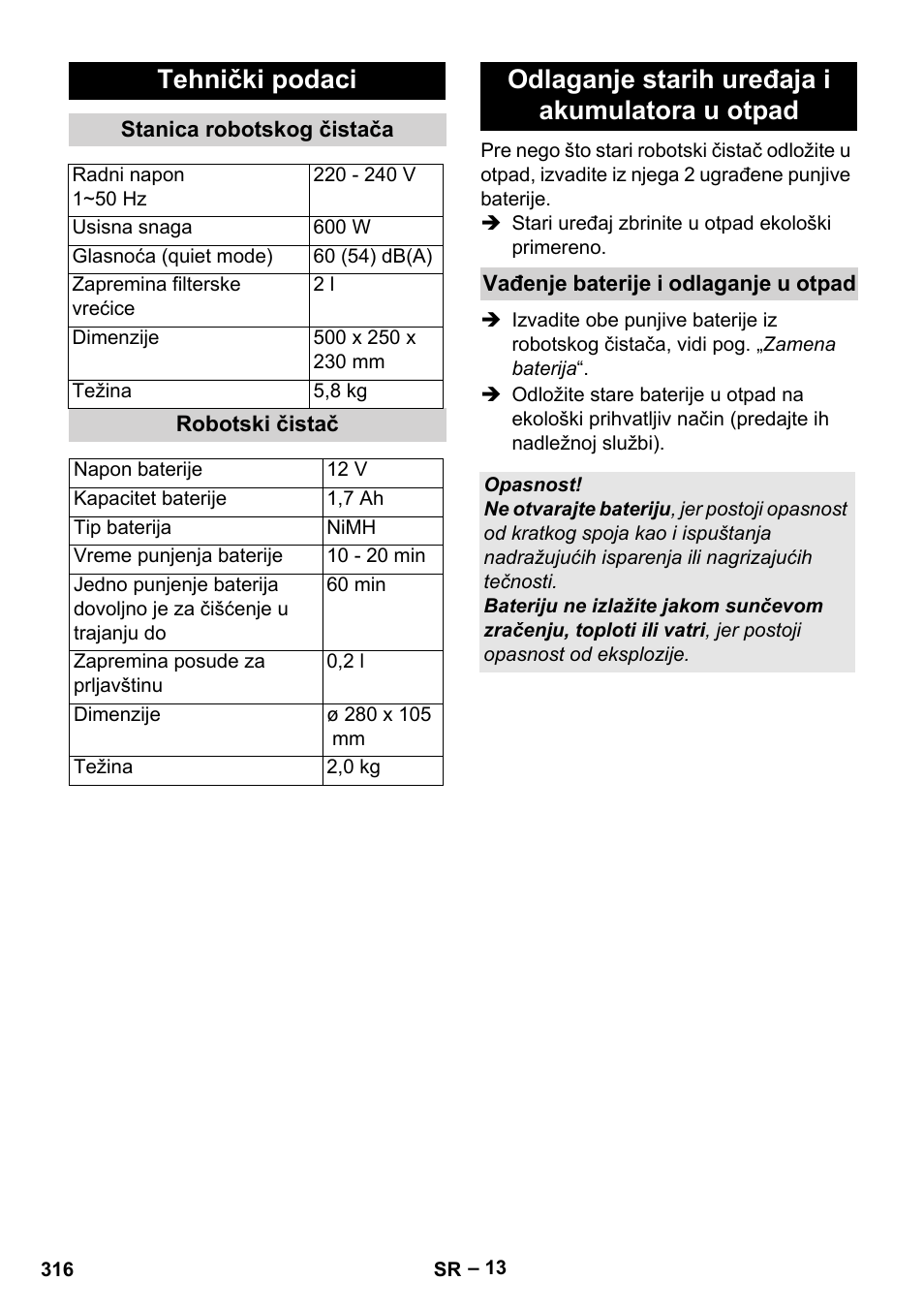 Tehnički podaci, Odlaganje starih uređaja i akumulatora u otpad | Karcher Robot RC 3000 User Manual | Page 316 / 400