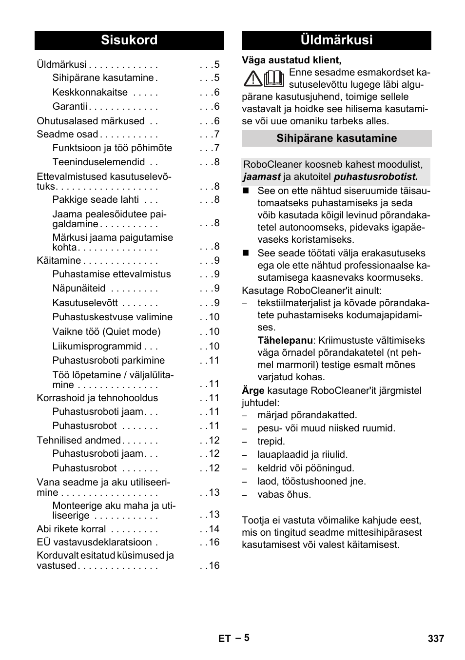 Eesti, Sisukord, Üldmärkusi | Karcher Robot RC 3000 User Manual | Page 337 / 400