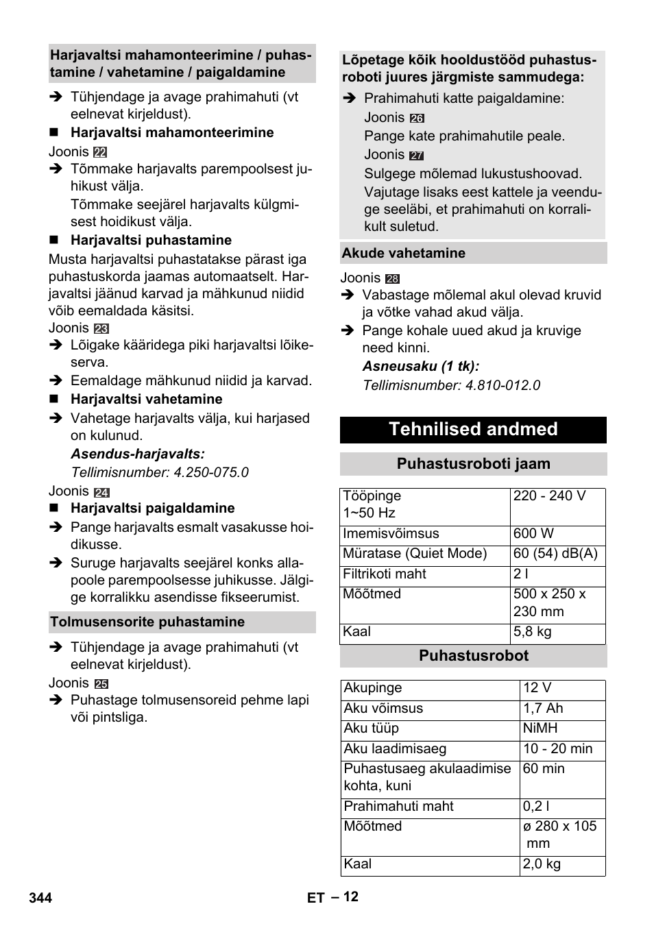 Tehnilised andmed | Karcher Robot RC 3000 User Manual | Page 344 / 400