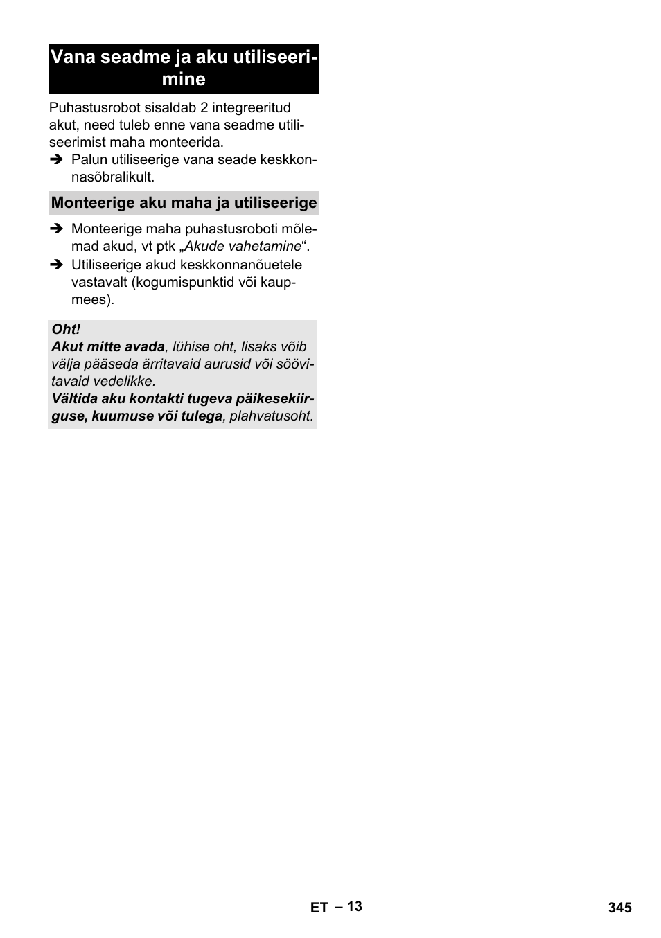 Vana seadme ja aku utiliseeri- mine | Karcher Robot RC 3000 User Manual | Page 345 / 400