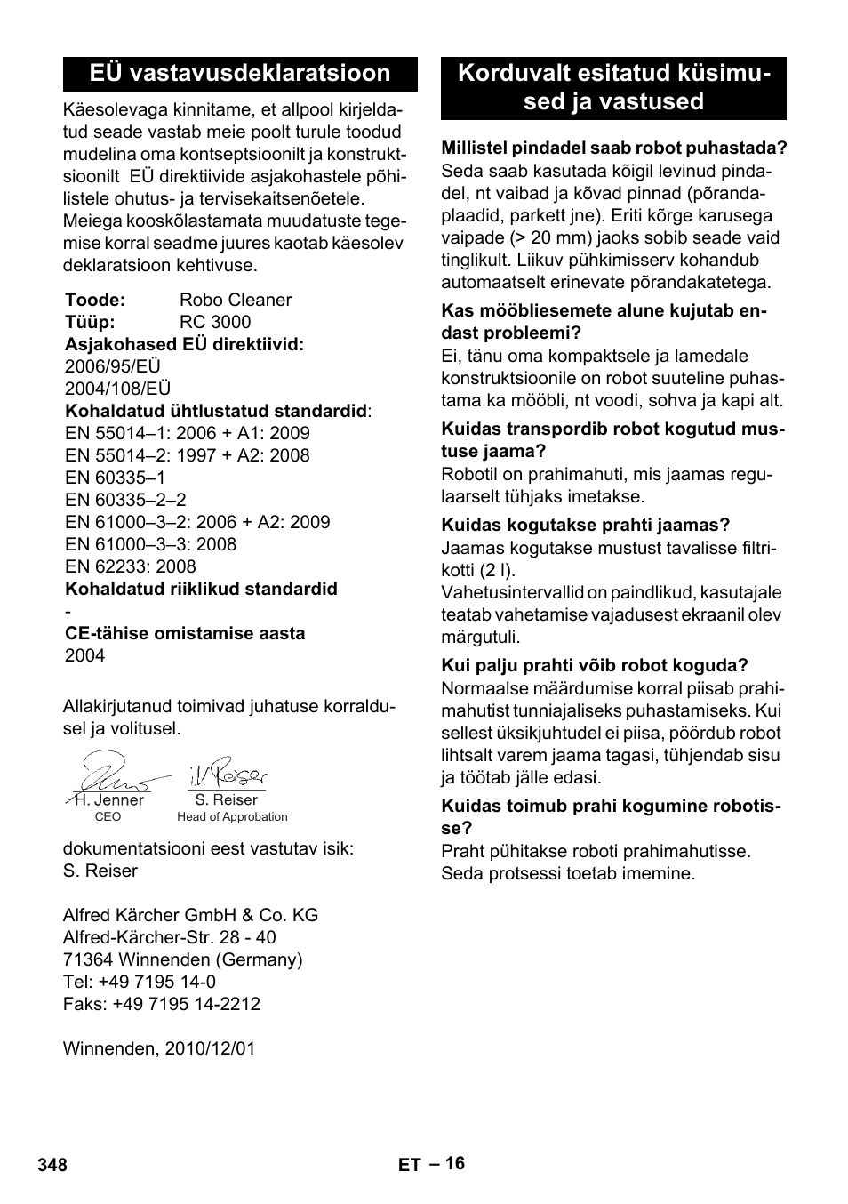 Eü vastavusdeklaratsioon, Korduvalt esitatud küsimu- sed ja vastused | Karcher Robot RC 3000 User Manual | Page 348 / 400