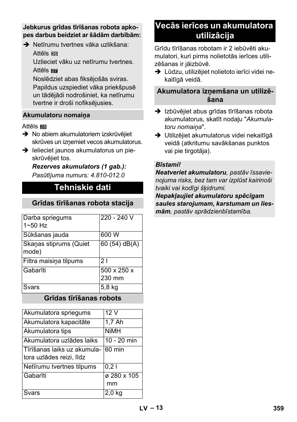 Tehniskie dati, Vecās ierīces un akumulatora utilizācija | Karcher Robot RC 3000 User Manual | Page 359 / 400