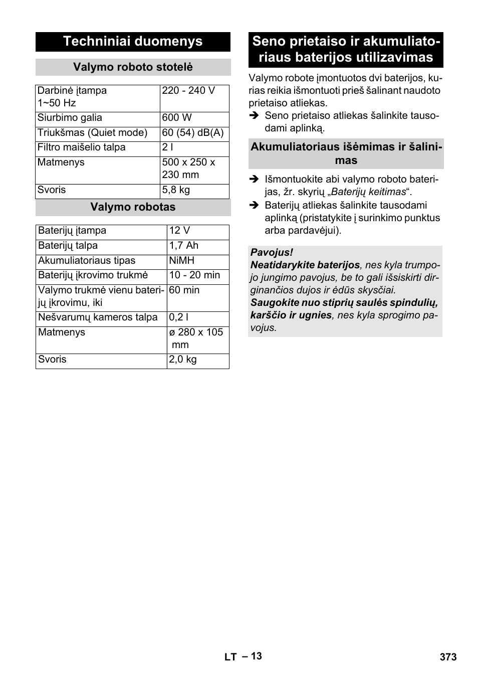 Techniniai duomenys | Karcher Robot RC 3000 User Manual | Page 373 / 400