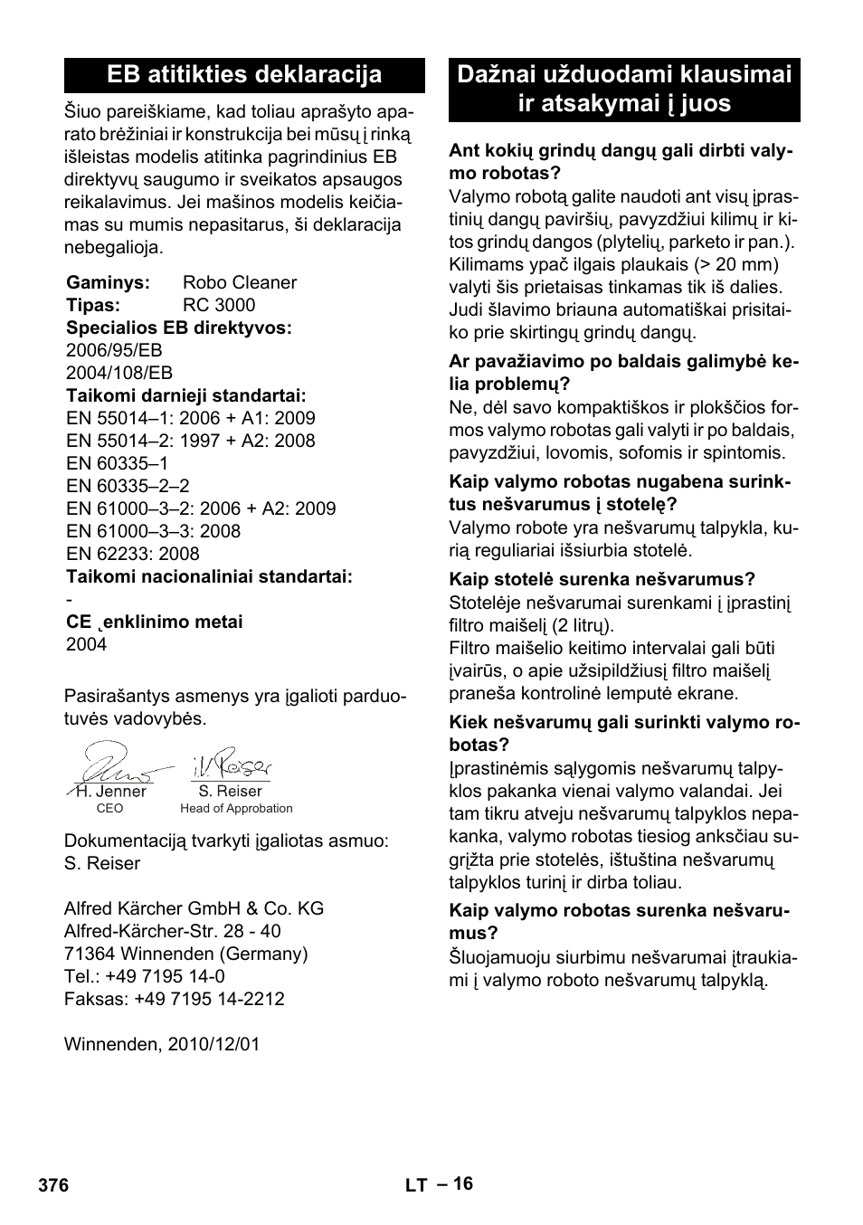 Eb atitikties deklaracija, Dažnai užduodami klausimai ir atsakymai į juos | Karcher Robot RC 3000 User Manual | Page 376 / 400