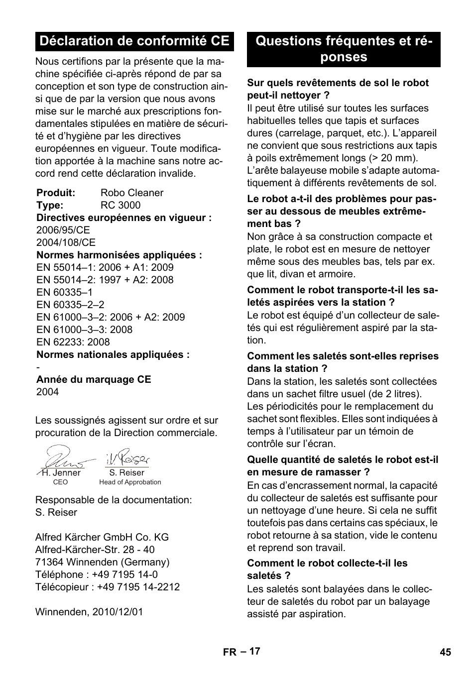 Déclaration de conformité ce, Questions fréquentes et ré- ponses | Karcher Robot RC 3000 User Manual | Page 45 / 400