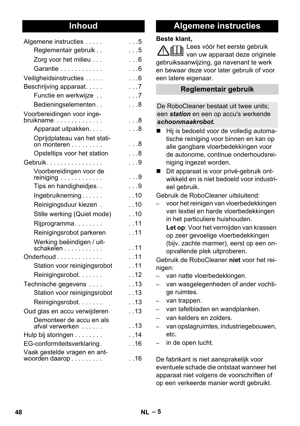 Nederlands, Inhoud, Algemene instructies | Karcher Robot RC 3000 User Manual | Page 48 / 400