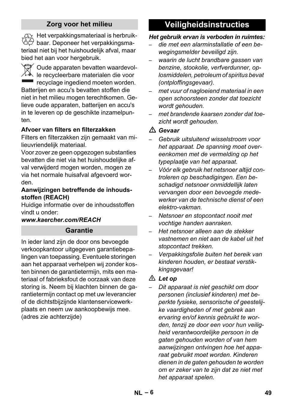 Veiligheidsinstructies | Karcher Robot RC 3000 User Manual | Page 49 / 400