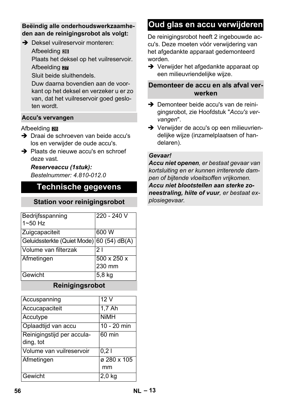 Technische gegevens, Oud glas en accu verwijderen | Karcher Robot RC 3000 User Manual | Page 56 / 400