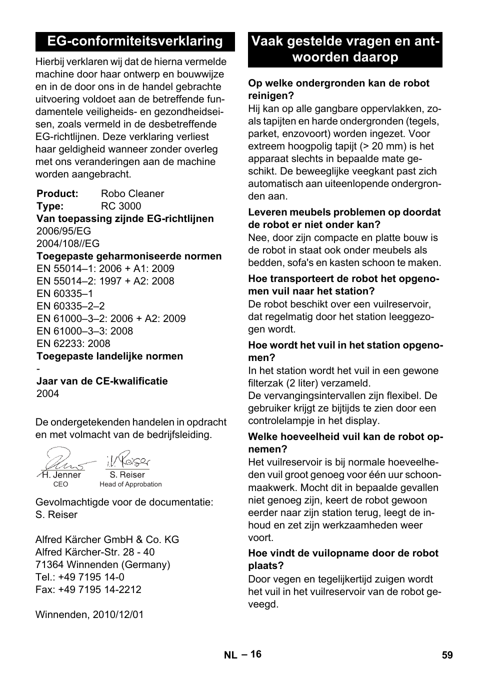 Eg-conformiteitsverklaring, Vaak gestelde vragen en ant- woorden daarop | Karcher Robot RC 3000 User Manual | Page 59 / 400