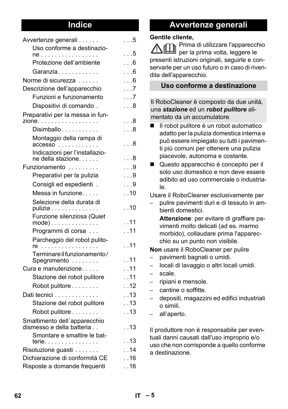 Italiano, Indice, Avvertenze generali | Karcher Robot RC 3000 User Manual | Page 62 / 400