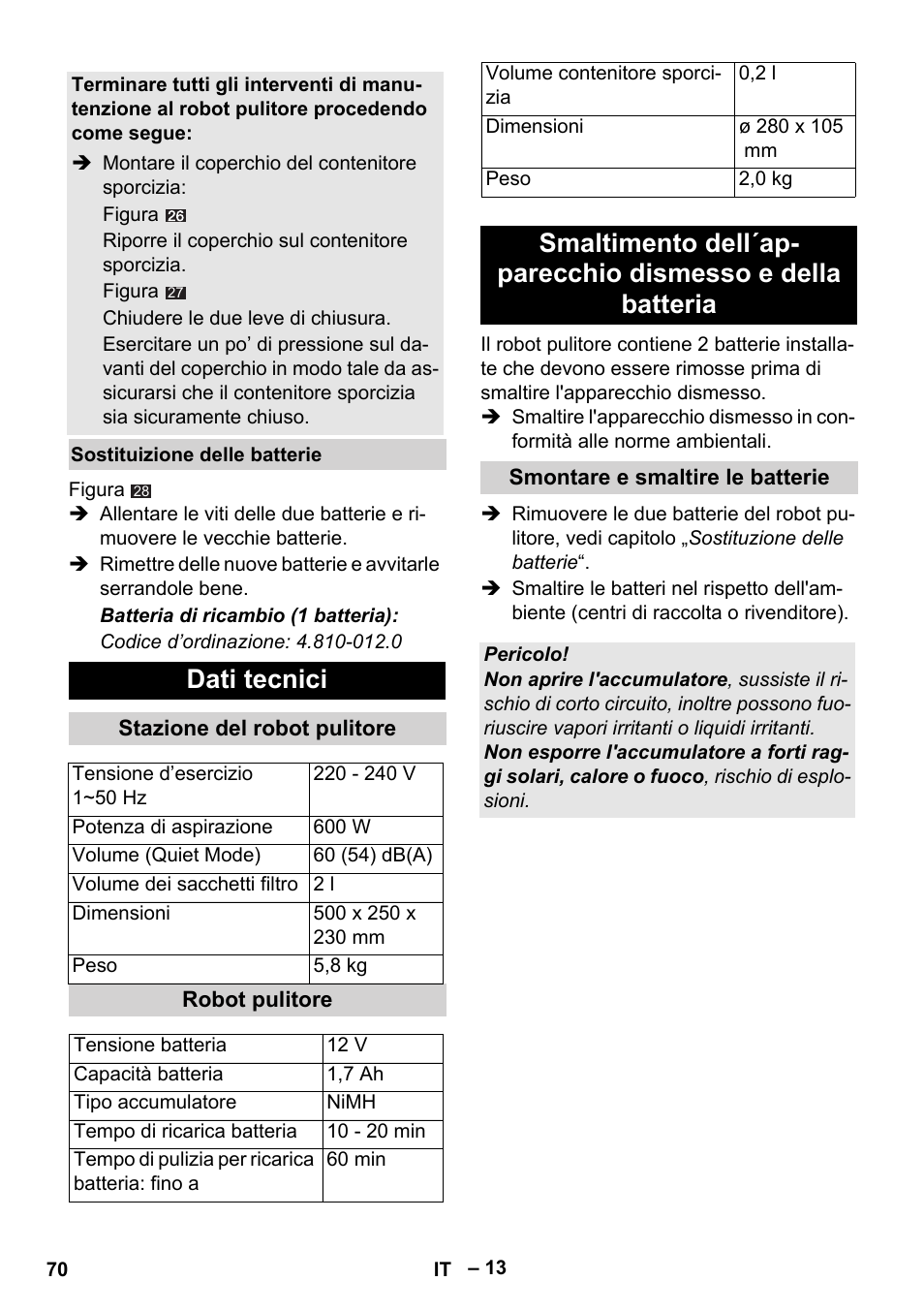 Dati tecnici | Karcher Robot RC 3000 User Manual | Page 70 / 400
