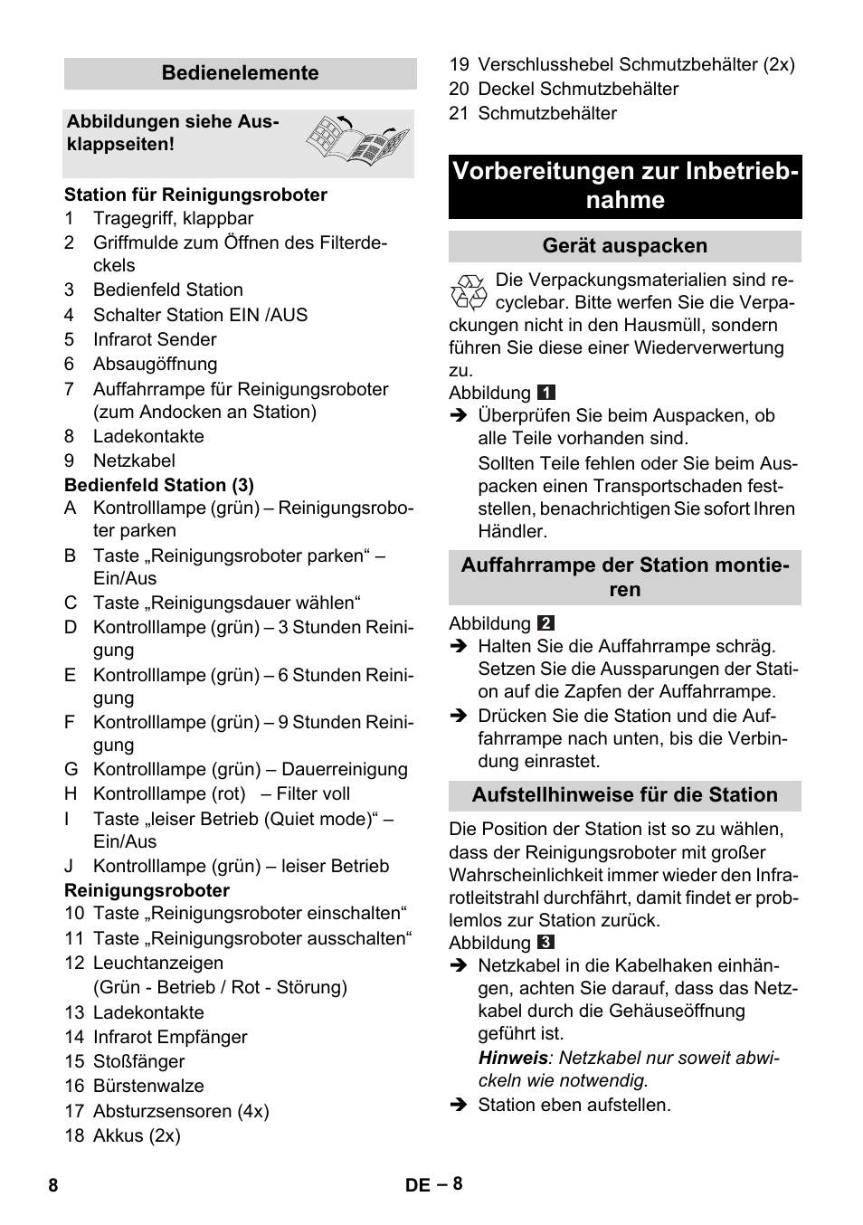 Vorbereitungen zur inbetrieb- nahme | Karcher Robot RC 3000 User Manual | Page 8 / 400