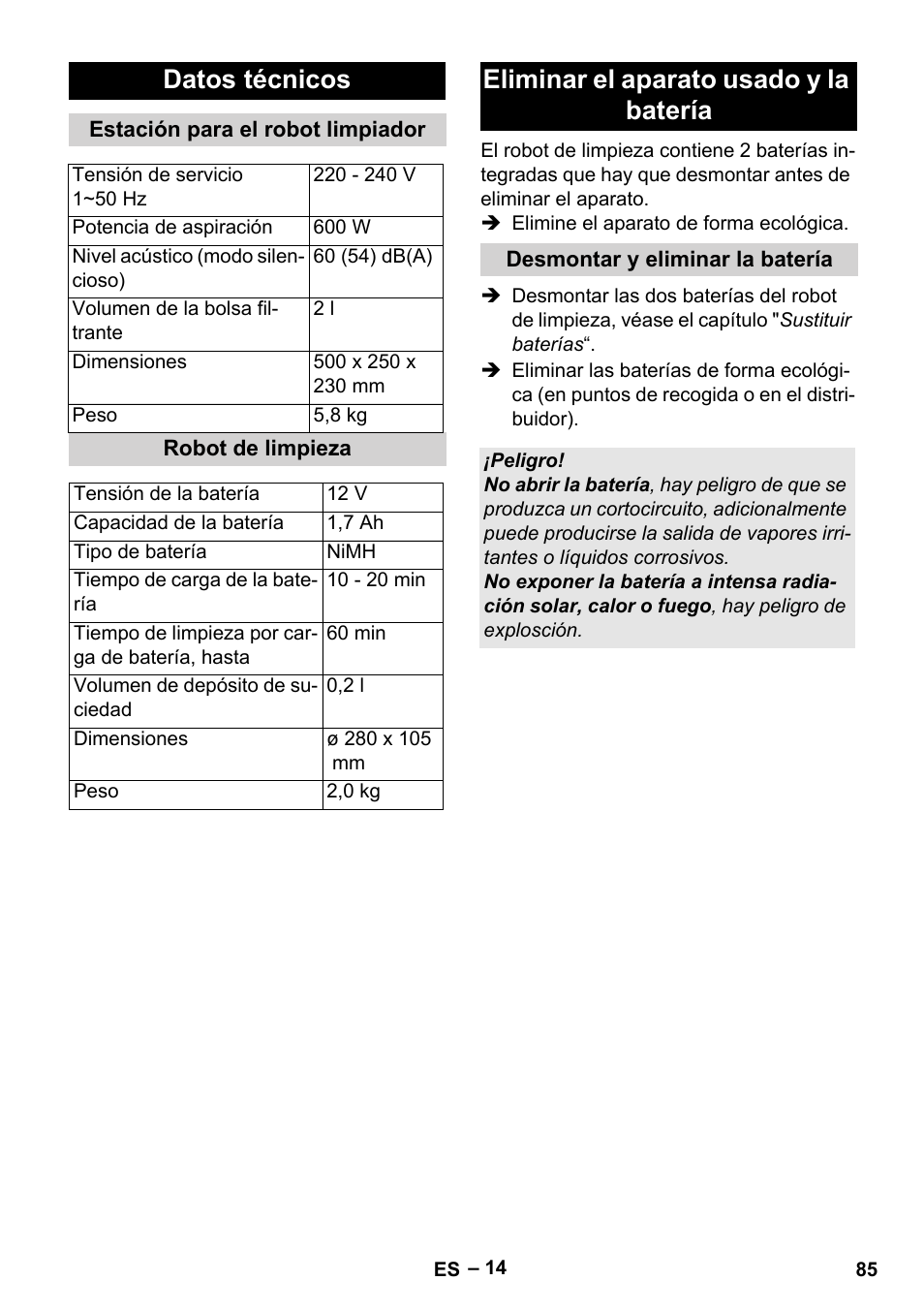 Datos técnicos, Eliminar el aparato usado y la batería | Karcher Robot RC 3000 User Manual | Page 85 / 400