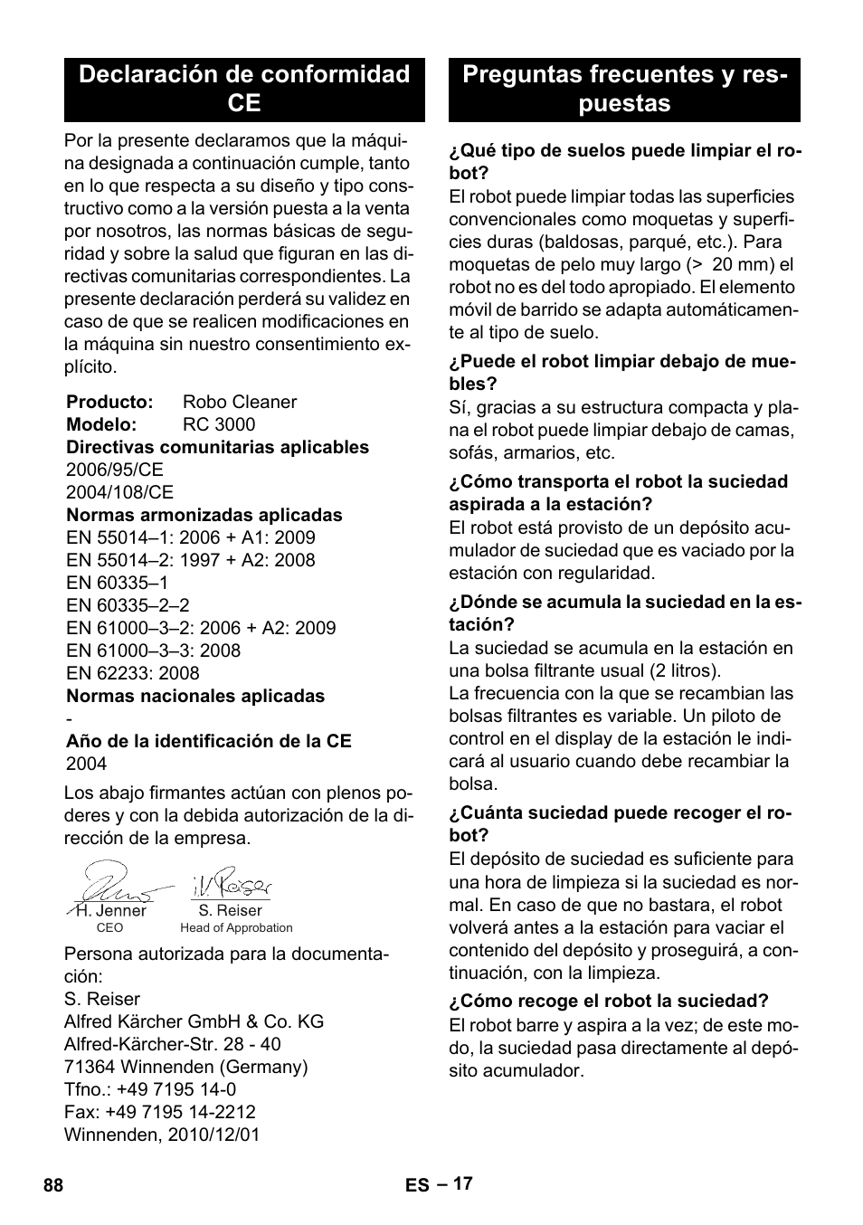 Declaración de conformidad ce, Preguntas frecuentes y res- puestas | Karcher Robot RC 3000 User Manual | Page 88 / 400